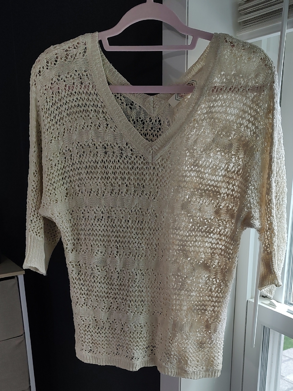 Pink Rose Cream Open Knit V‑Neck Sweater